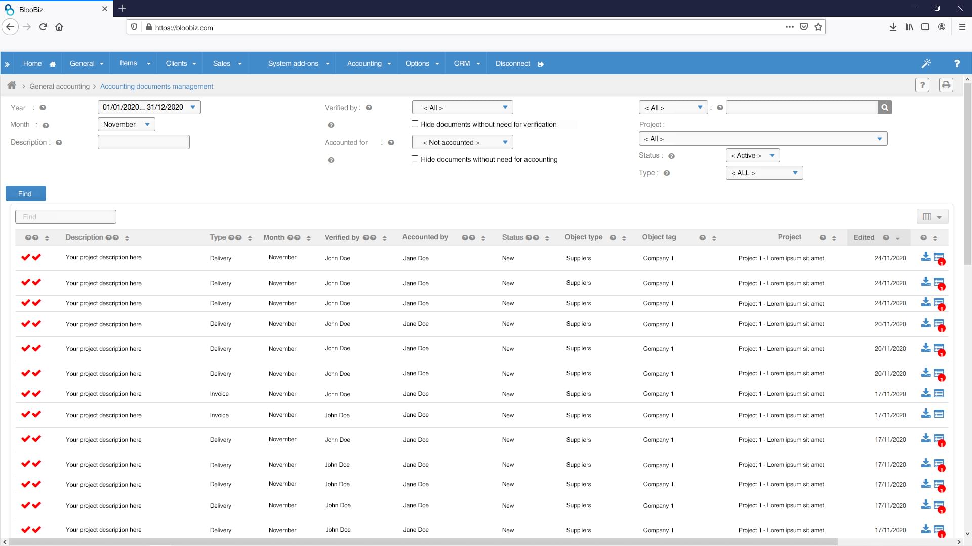 Écran gestion de documents comptables